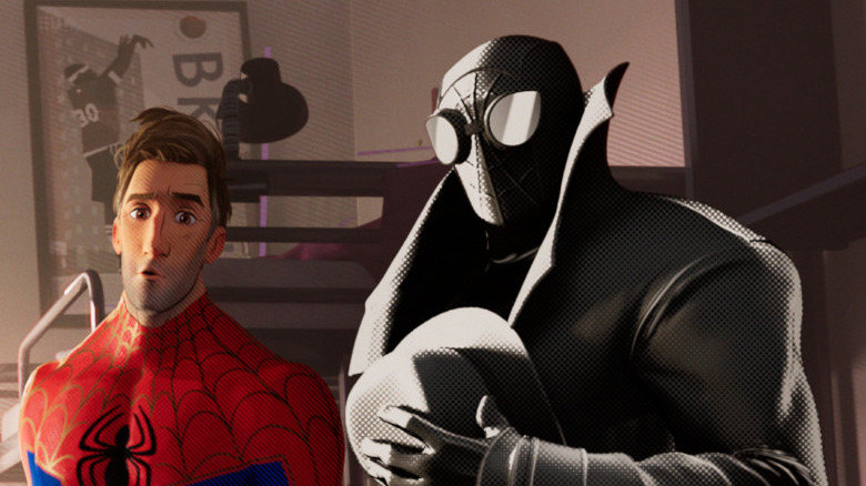 Peter B. Parker and Spider-Man Noir standing