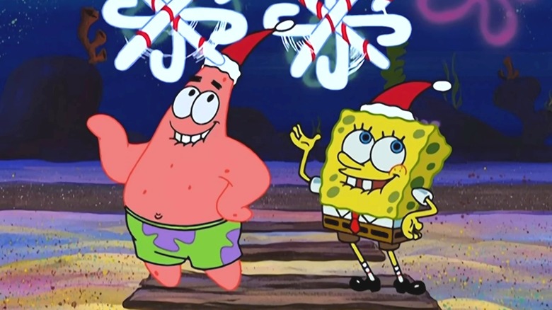 Patrick and SpongeBob, wearing Santa hats, throw twirling candy canes