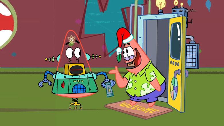 Patrick in a Santa hat exits the time closet, greeting Pat-Tron in the future