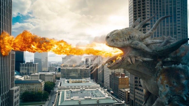 A giant fire-breathing kaiju attacking the Man of Steel in Superman (2025)