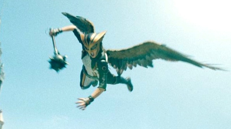 Hawkgirl flying through the sky and swinging her mace in Superman (2025)