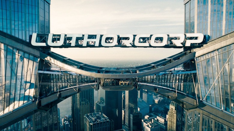 The Engineer standing beneath the Luthorcorp logo in Superman (2025)