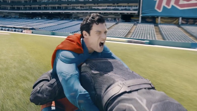 Man of Steel fighting Ultraman in a stadium in Superman (2025)