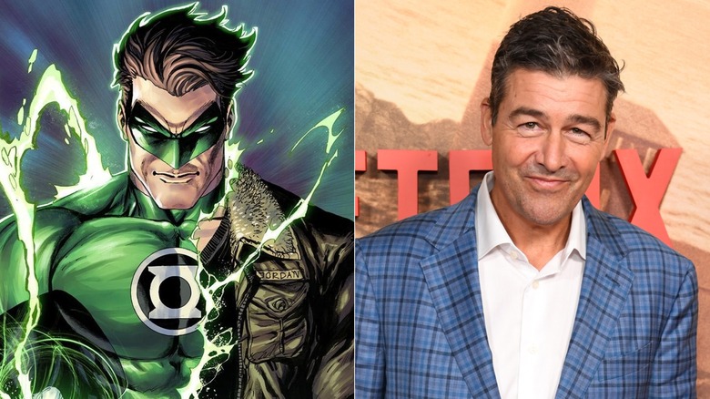 Green Lantern Hal Jordan mid costume change and Kyle Chandler smiling in a checkered jacket at a premiere in Century City, California in 2022