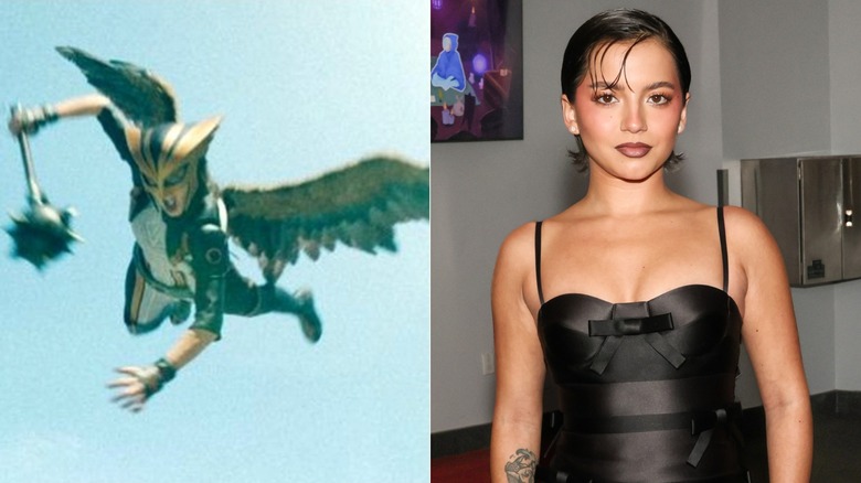 Hawkgirl flying and wielding her mace and Isabela Merced posing at an event in a black dress in 2024