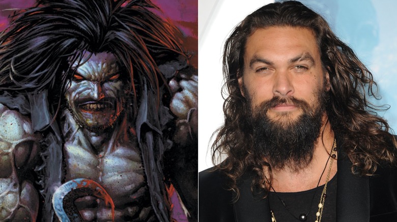 Lobo grimacing and Jason Momoa posing at a premiere in Los Angeles in 2018