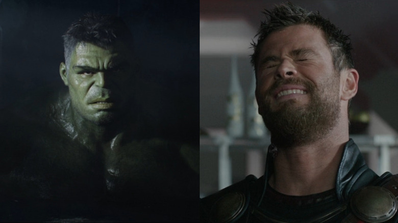 Hulk getting out of tub in front of Thor