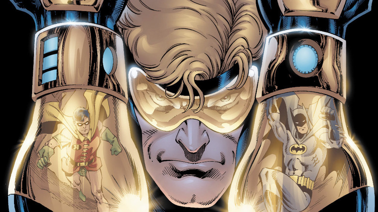 Booster Gold facing off agianst Batman and Robin