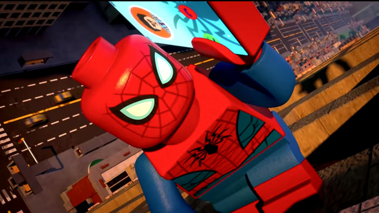 Lego Spider-Man talks on phone