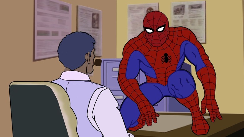 Cartoon Spider-Man crouching on desk