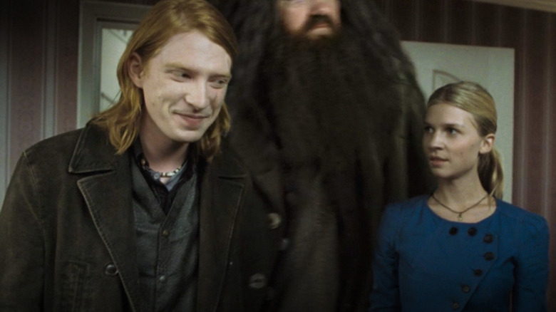 Bill Weasley with his wife, Fleur, and Hagrid