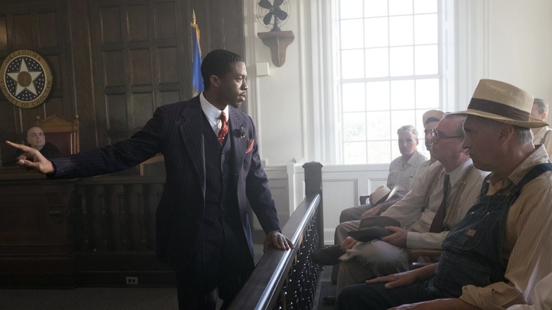 Chadwick Boseman as Thurgood Marshall speaking to jury