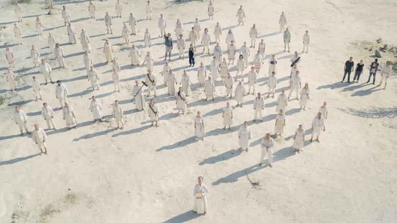 Birds' eye view of crowd in white