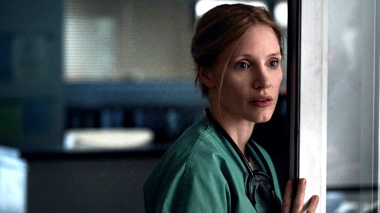 The Good Nurse's Jessica Chastain looking scared