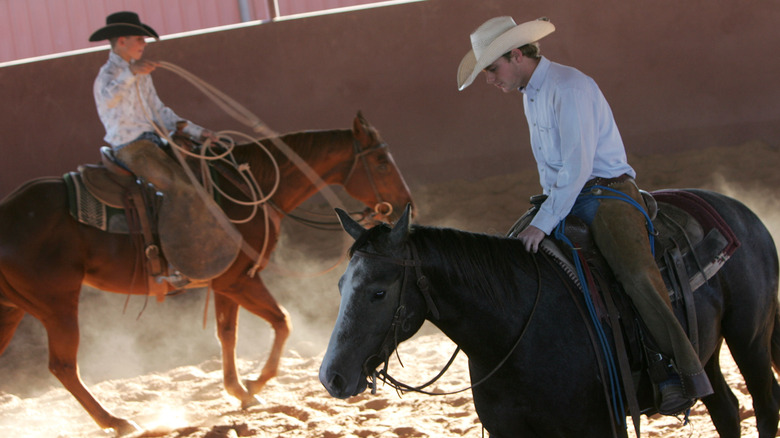 Two cowboys riding horses