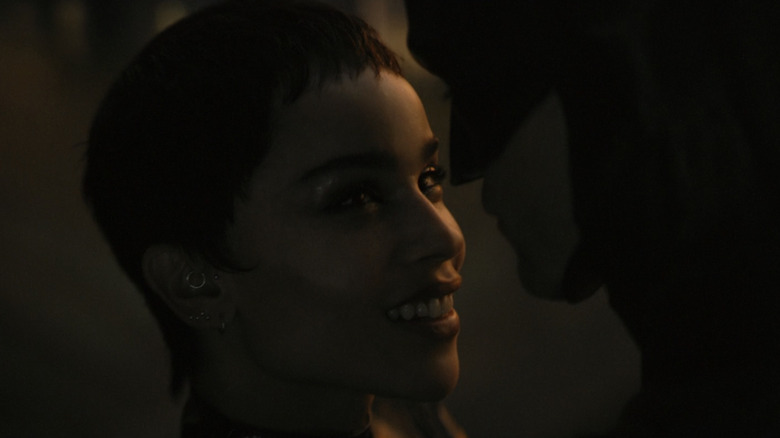 Zoe Kravitz as Selina Kyle smiles at Batman