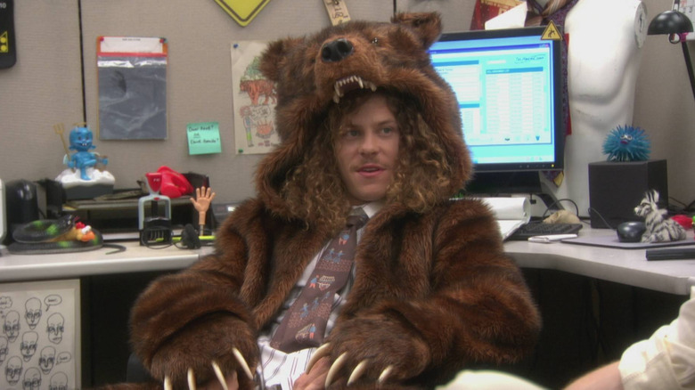 Blake wearing a bear coat