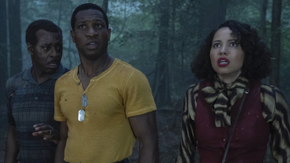 Jurnee Smollett-Bell as Letitia "Leti" Dandridge, Jonathan Majors as Atticus Black, and Courtney B. Vance as George Black in Lovecraft Country