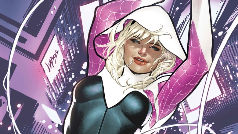 Spider-Gwen swinging without mask