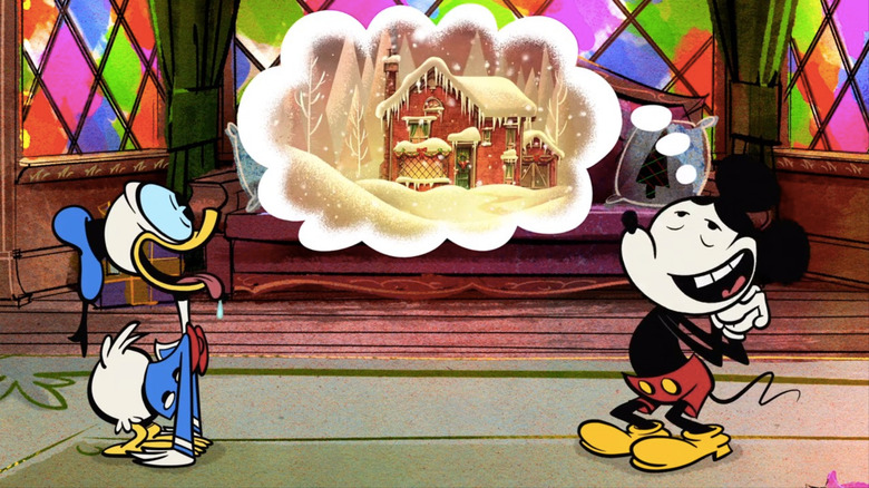 Donald and Mickey thinking Christmas