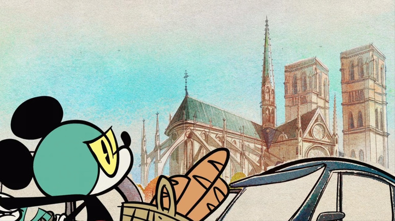 Mickey riding near French cathedrals