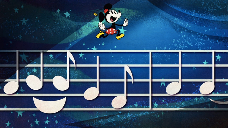 Minnie Mouse dancing on sheet music