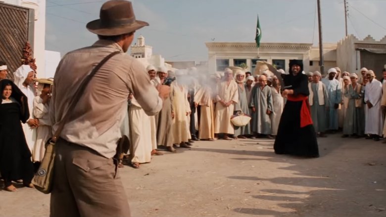 Indiana Jones shoots swordsman