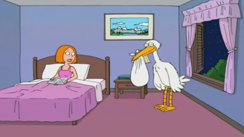 A stork trying to seduce a woman