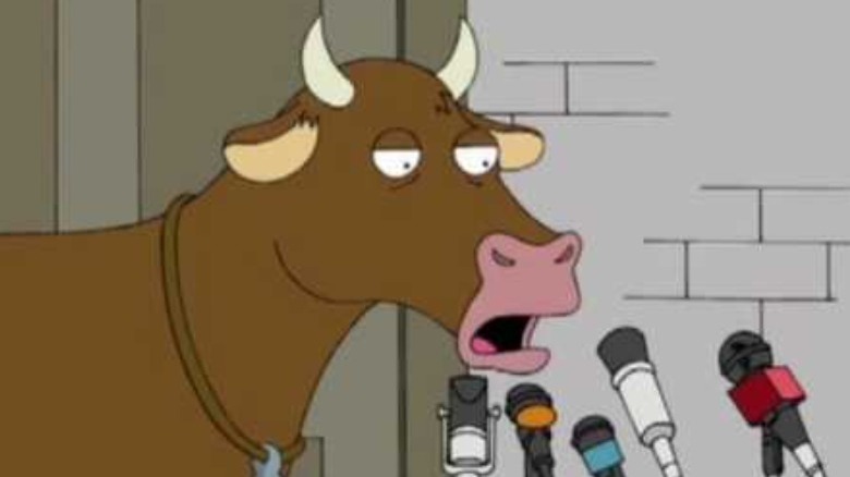  Mr. Cow speaking to the media