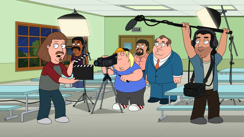 Chris Griffin and Principal Shepard are filming with crew in cafeteria