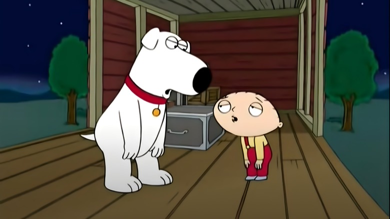 Brian and Stewie in train singing