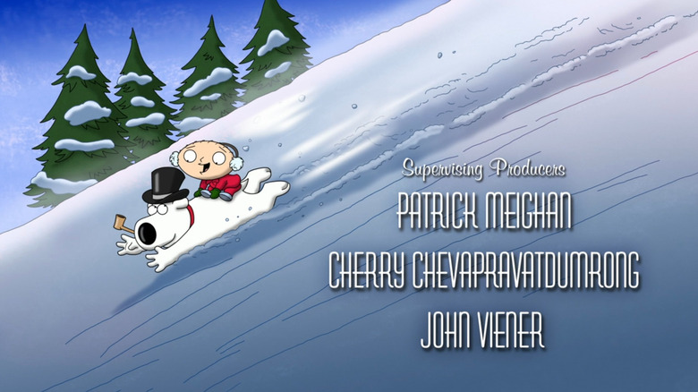 Stewie riding Brian's back down a hill