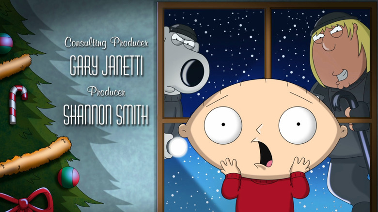 Stewie screaming as Brian and Chris stare in the background