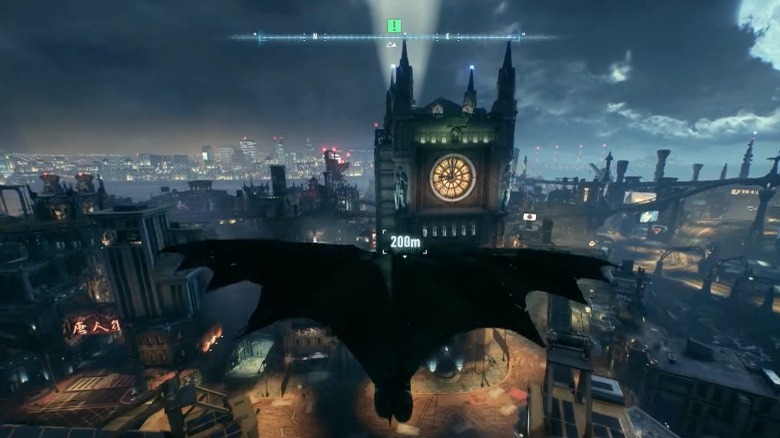 Batman gliding to the Clock Tower