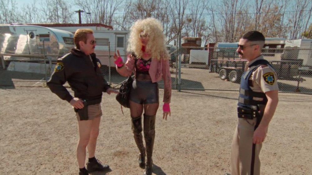 Thomas Lennon, Robert Ben Garant, and Kerri Kenney-Silver as Lieutenant Dangle, Deputy Junior, and Jackie on Quibi's Reno 911!