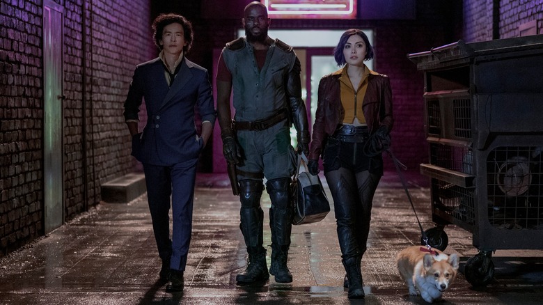 Spike, Jet Black, Faye, and Ein walking in an alley