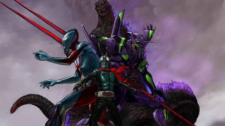 Godzilla, Ultraman, Evangelion, and Kamen Rider posing in art