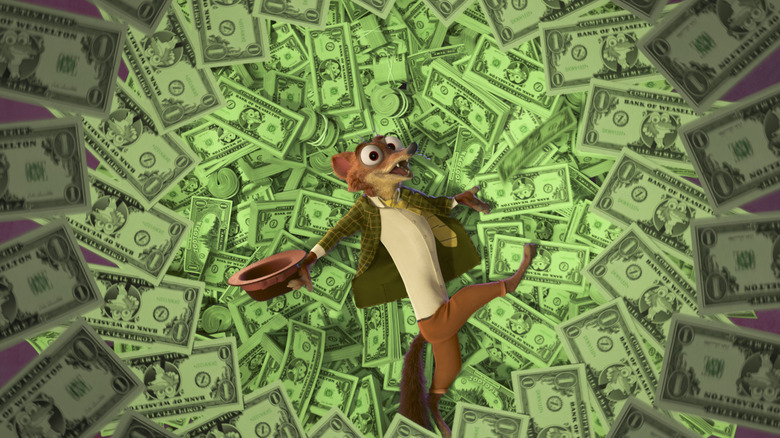 Duke Weaselton lying on money in Zootopia+