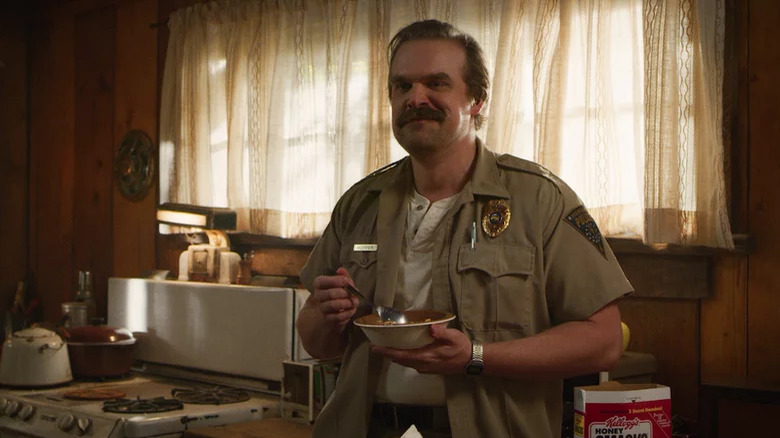 David Harbour eating cereal in Stranger Things