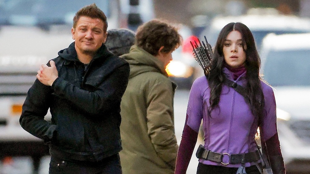 Jeremy Renner and Hailee Steinfield as Clint Barton and Kate Bishop on the set of Hawkeye