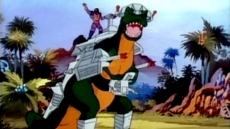 An alien riding an armored dinosaur on "Dino-Riders"