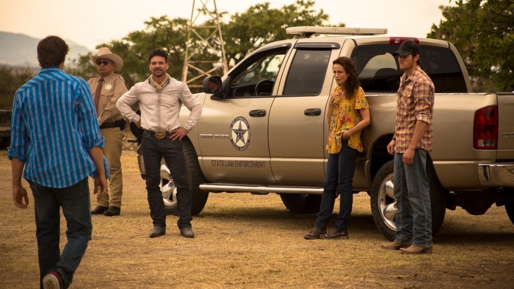 George Lopez as "Ramírez", Frank Grillo as "Bill Greer", Andie McDowell as "Monica" and Jake Allyn as "Jackson Greer" in Conor Allyn's NO MAN'S LAND. Courtesy of IFC Films. An IFC Films Release. 