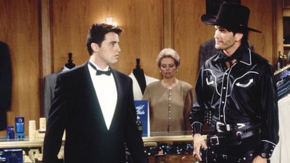 Friends Joey in a tux meets Joel in western wear