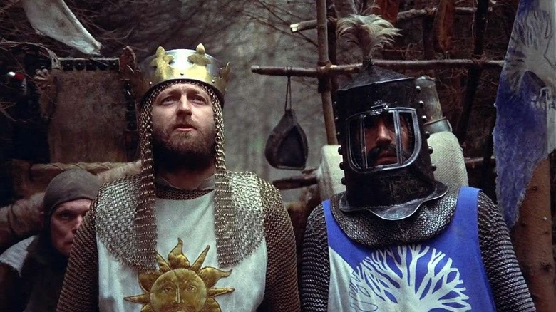 King Arthur and Sir Bedivere walk through the woods in "Monty Python and the Holy Grail" (1975)