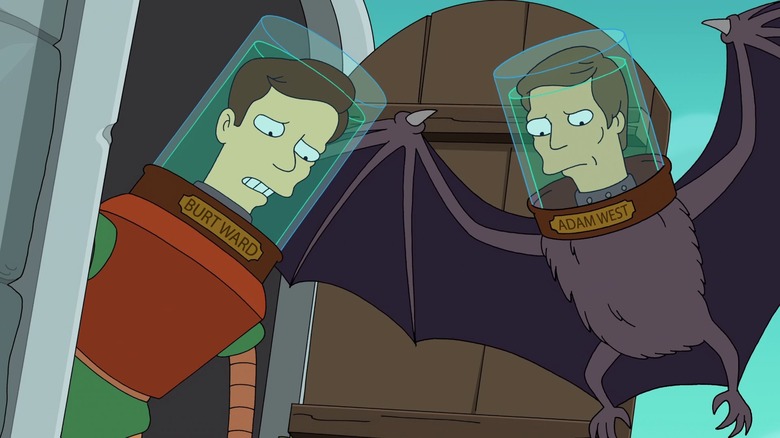 Burt Ward's head on a robot body and Adam West's head on a bat body