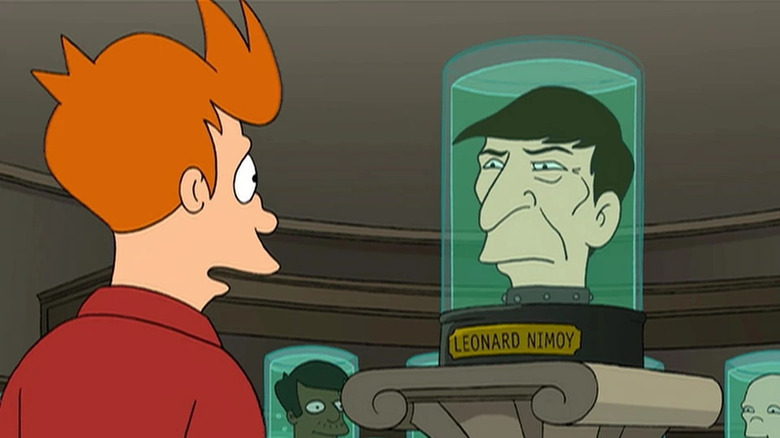 Fry talks to Leonard Nimoy's head in a jar