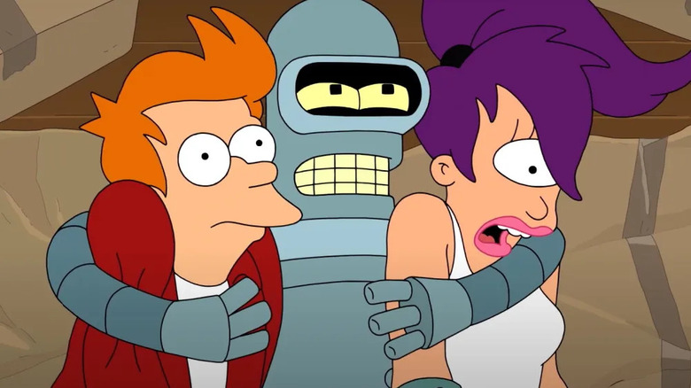 Bender hugs Fry and Leela