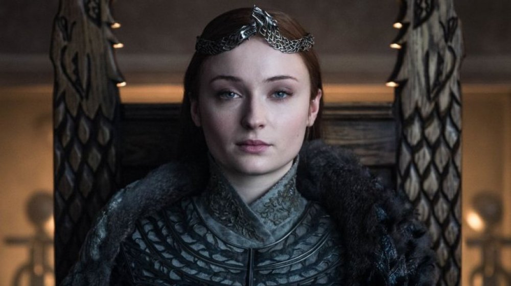 Sophie Turner as Sansa Stark, Queen in the North, on Game of Thrones