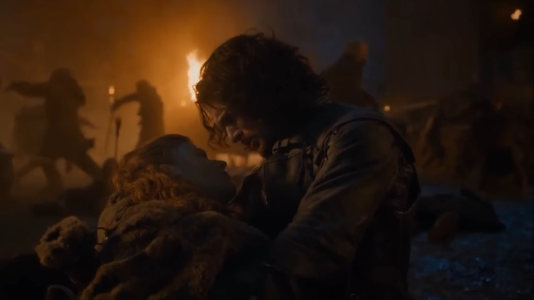 Jon Snow holding a dying Ygritte