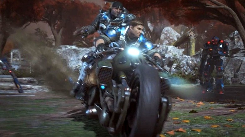 Characters riding motorcycle